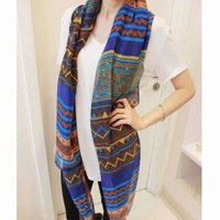 Korean version of the bohemian scarves winter scarves women diamond geometric picture towel scarf shawl airconditioning (Blue)
