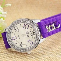 Fashion Silicone chain inlaid stones watch