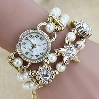Fashion pearl winding bracelet watch