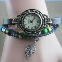 Retro braided leather leaves Bracelet watch