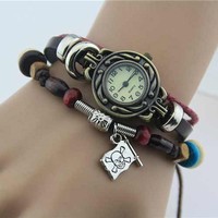 Hand-beaded skull leather cord woven bracelet watch