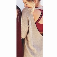 Hollow long sweater ladies casual back deep V drain back knitted sweaters