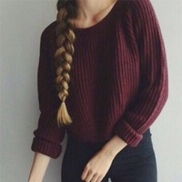 Boat neck long-sleeved knit sweater