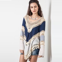 Long-sleeved hollow Crochet Bikini Loose bohemian beach mixed colors blouse