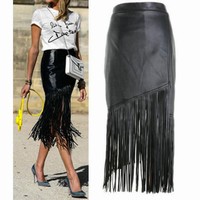 PU leather fringed stitching skirts high pockets hip step skirt