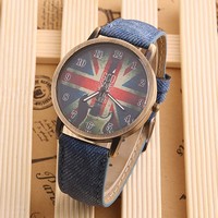 Round Union Jack printed casual denim belt watches