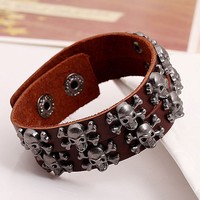 Retro punk skull leather bracelet