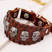 Retro skull braided leather bracelet