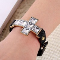 Point drill large cross leather bracelet