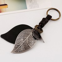 Alloy leaves big leather keychain