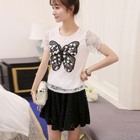 (L) Butterfly sequined lace skirt suit