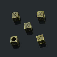 European Beads,Cube with letter K,Alloy,Antique Bronze   Color,size:7mmx7mm,hole:4mm