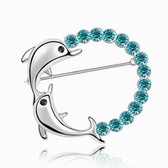Import Crystal brooch - jumping double dolphin (blue zircon)