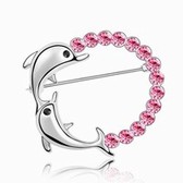 Import Crystal brooch - jumping double dolphin (Rose)