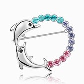 Import Crystal brooch - double dolphins jump (blue zircon + pale pinkish purple + Rose)