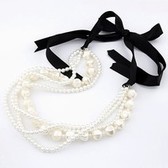 European and American fashion black ribbon bow multi-layered beaded white pearl multilayer temperament necklace